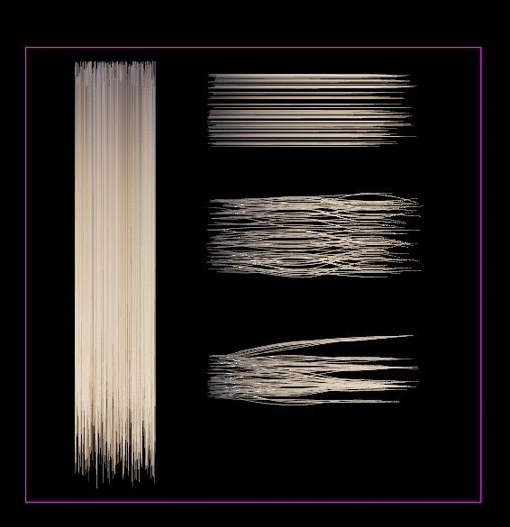 2D canvas with multiple hair-strand arrangements inside the working area.