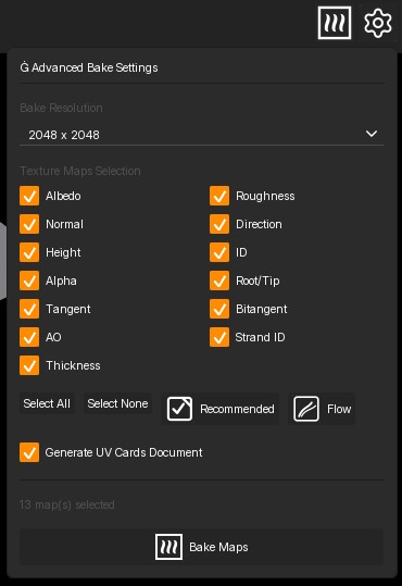 HairStorm bake settings panel with map selection and one-pass bake controls for thirteen PBR channels.