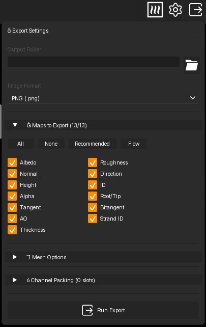 HairStorm Export Settings panel with image format, map selection, mesh output, channel packing and Run Export.
