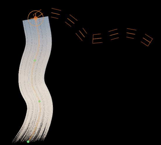Guide path editing view with a redrawn hair path.