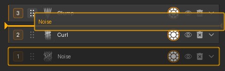 Modifier stack showing a dragged Noise entry and numbered positions.