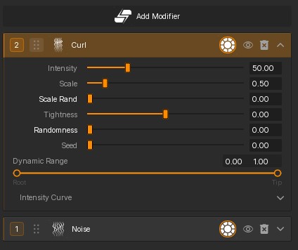 HairStorm non-destructive modifier stack with reorderable procedural kernels.