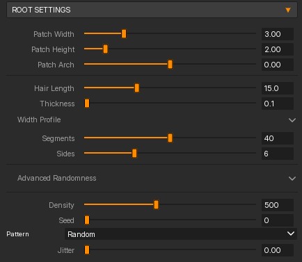 Root Settings panel with grouped sliders and selectors.