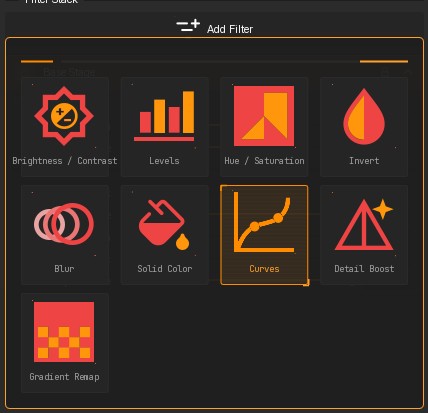 Add Filter gallery with the Curves filter tile selected.