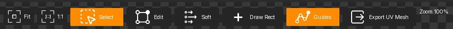 UV toolbar actions for selection, editing, soft editing, drawing, guides, and UV mesh export.