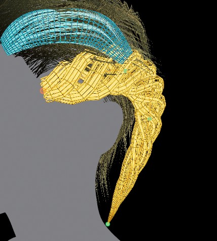 Groom cards on an imported character head, with selected and unselected card geometry.