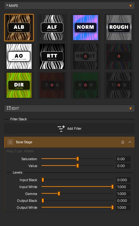 HairStorm texture panel with baked map tiles, the albedo map selected and its filter stack.